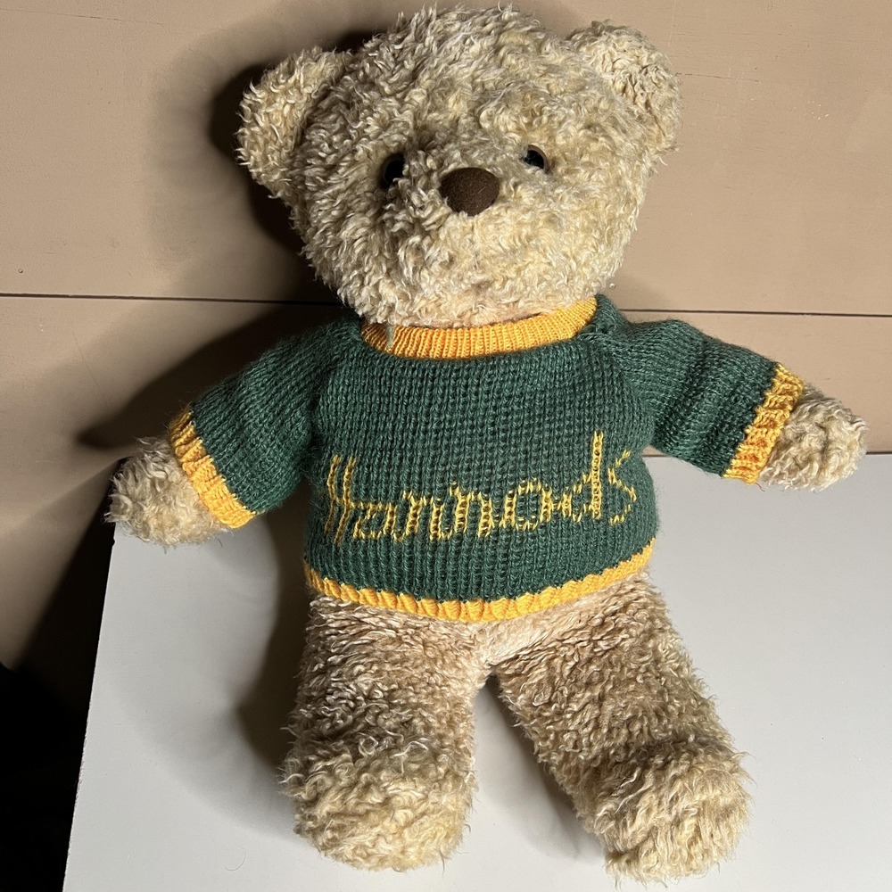 Harrods Knightsbridge London Teddy Bear Green Knit Sweater Logo Plush 15 Inch